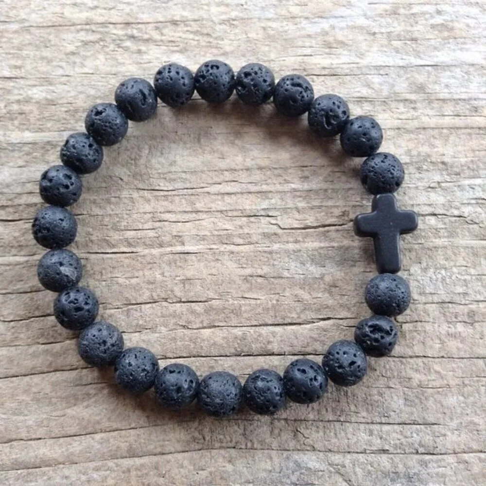 Black Cross Lava Stone Bead Bracelet 8mm beads - Size 8 inches